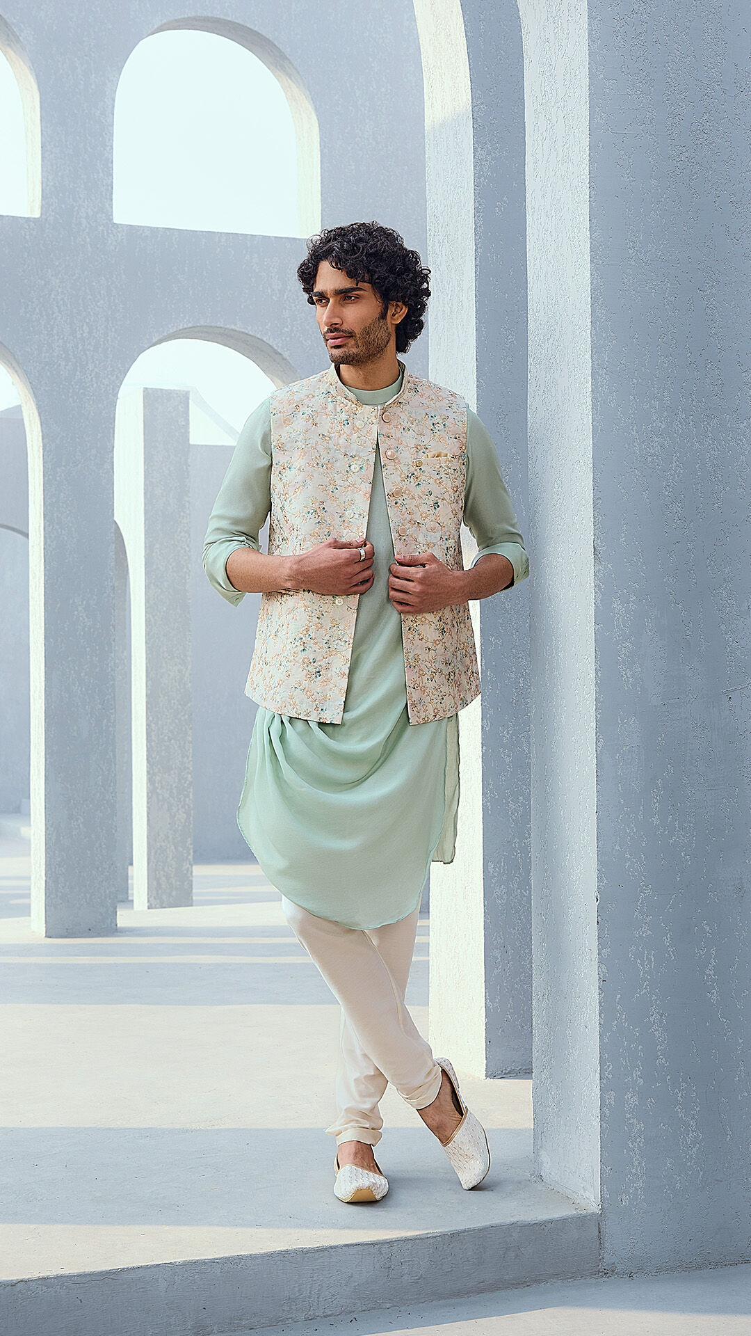 men in Biscuit Cream Shankh Patterned Kurta Set